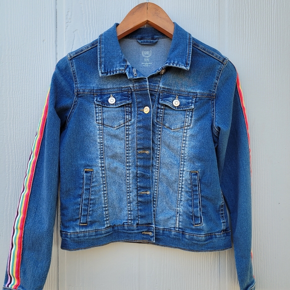 Wonder Nation Juniors Jean Jacket Size XL 14-16 Rainbow Ribbon - Picture 1 of 5